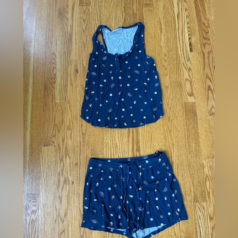 Jenni Dark Blue Pajama Set with Multicolor Patterns